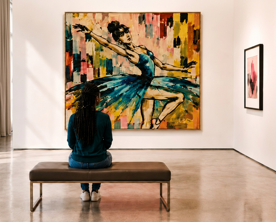 A visitor seated on a bench viewing a large ballerina painting in the MCK Gallery